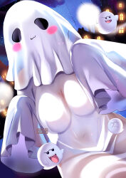 1girl boo_(mario) breasts building covered_navel dress ghost ghost_costume highres large_breasts long_sleeves mario_(series) night nintendo original sleeves_past_fingers sleeves_past_wrists solo squchan white_dress