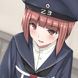 Rule 34 | 1girl, black neckerchief, blue dress, blue hat, blurry, brown eyes, brown hair, clothes writing, depth of field, dress, hat, kantai collection, looking to the side, neckerchief, sailor dress, sailor hat, saplus, short hair, solo, twitter username, upper body, z3 max schultz (kancolle)