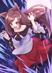 Rule 34 | 1girl, absurdres, animal ears, bare shoulders, black footwear, brooch, brown hair, claw pose, commentary, floating hair, highres, imaizumi kagerou, jewelry, long hair, long sleeves, moon, nail polish, off-shoulder shirt, off shoulder, open mouth, ramie (ramie541), red eyes, red nails, red skirt, revision, shirt, shoes, skirt, solo, touhou, v-shaped eyebrows, white shirt, wide sleeves, wolf ears
