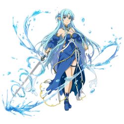 Rule 34 | 1girl, asuna (sao-alo), blue dress, blue eyes, blue footwear, blue hair, blue theme, boots, bracelet, breasts, choker, cleavage, detached sleeves, dress, floating hair, full body, gloves, highres, holding, holding sword, holding weapon, hydrokinesis, jewelry, long hair, medium breasts, pointy ears, ribbon, solo, standing, strapless, strapless dress, sword, sword art online, thigh strap, transparent background, very long hair, water, weapon, white gloves, white ribbon