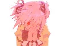 Rule 34 | 10s, 1girl, bad drawr id, bad id, bow, drawr, hair ribbon, interlocked fingers, kaname madoka, mahou shoujo madoka magica, mahou shoujo madoka magica (anime), oekaki, own hands clasped, own hands together, pink hair, red eyes, ribbon, school uniform, short twintails, simple background, solo, tears, twintails, wato samirika, white background