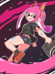 Rule 34 | 1girl, ass, black shorts, boots, breasts, cougar (cougar1404), domino mask, full body, holding, horns, inkling, inkling girl, inkling player character, long hair, looking at viewer, mask, nintendo, open mouth, pointy ears, shorts, smile, solo, splatoon (series), standing, tentacle hair