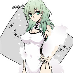 Rule 34 | 1girl, alternate costume, breasts, byleth (female) (fire emblem), byleth (fire emblem), china dress, chinese clothes, cleavage, cleavage cutout, closed mouth, clothing cutout, commentary request, covered navel, cowboy shot, dress, earrings, feather boa, fire emblem, fire emblem: three houses, green eyes, green hair, grey background, hair between eyes, hand on own hip, ijiro suika, jewelry, large breasts, long hair, looking at viewer, nintendo, pelvic curtain, side slit, simple background, sleeveless, sleeveless dress, solo, twitter username, white background, white dress