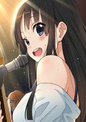 Rule 34 | 2girls, absurdres, akiyama mio, bare shoulders, black eyes, black hair, blush, bra strap, brown hair, commentary request, dark background, highres, hirasawa yui, k-on!, light particles, light rays, long hair, looking afar, looking to the side, microphone, multiple girls, off-shoulder shirt, off shoulder, open mouth, shima46, shirt, smile, solo focus, sweat, teeth, upper body, upper teeth only, white shirt