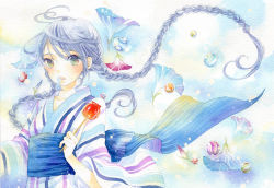 Rule 34 | 1girl, blue flower, braid, flower, grey hair, holding, japanese clothes, kimono, long hair, looking at viewer, marble (toy), original, painting (medium), parted lips, solo, traditional media, twin braids, upper body, watercolor (medium), yufushi