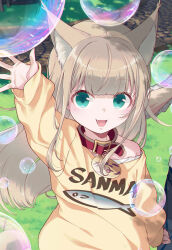 Rule 34 | 1girl, 1other, 40hara, :d, animal collar, animal ear fluff, animal ears, aqua eyes, bubble, cat ears, cat girl, cat tail, clothes writing, collar, fang, highres, kinako (40hara), light brown hair, long hair, long sleeves, looking at viewer, off shoulder, open mouth, original, smile, soap bubbles, solo focus, sweater, tail, yellow sweater