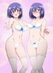 Rule 34 | 2girls, blue hair, breasts, hair ornament, highres, hoshizuki kaede, hoshizuki suzu, kaede to suzu, kyokucho, large breasts, looking at viewer, mole, mole on breast, mole on neck, multiple girls, navel, panties, ribbon, siblings, sisters, small breasts, thighhighs, thighs, twins, underwear, underwear only, white panties