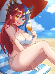Rule 34 | 1girl, asymmetrical horns, bare arms, bare legs, bare shoulders, beach, bikini, blue eyes, blue hair, blue horns, blush, breasts, bright pupils, chair, cup, dragon girl, dragon horns, drinking glass, drinking straw, heterochromia, highres, horns, inferna dragnis (xoldrek), juice, large breasts, long hair, looking at viewer, mismatched horns, multicolored hair, non-web source, ocean, on chair, orange eyes, orange horns, orange juice, original, outdoors, pale skin, red hair, sand, scenery, sitting, smile, solo, split-color hair, swimsuit, symbol-shaped pupils, two-tone hair, umbrella, usagi1923, water, white bikini, white pupils, wine glass