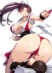 Rule 34 | 1girl, ass, breasts, fatal fury, highres, large breasts, long hair, ponytail, shiranui mai, snk, solo, the king of fighters, thong, white background