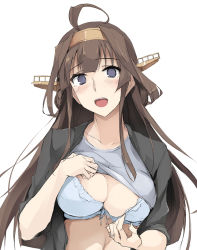 Rule 34 | 1girl, ahoge, alternate costume, black jacket, blue bra, blush, bra, breasts, brown hair, cleavage, clothes lift, commentary, grey shirt, hairband, it&#039;s ok to touch, jacket, jewelry, kantai collection, kongou (kancolle), large breasts, lifted by self, long hair, looking at viewer, ring, shirt, shirt lift, simple background, solo, underwear, upper body, wedding band, white background, zekkyon