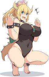 Rule 34 | 1girl, armlet, bare shoulders, barefoot, black leotard, blonde hair, blue eyes, bowsette, bracelet, breasts, collar, covered erect nipples, covered navel, crown, full body, horns, jewelry, large breasts, leotard, mario (series), new super mario bros. u deluxe, nintendo, open mouth, ponytail, sharp teeth, shiseki hirame, spiked bracelet, spiked collar, spikes, squatting, strapless, strapless leotard, super crown, tail, teeth, turtle shell