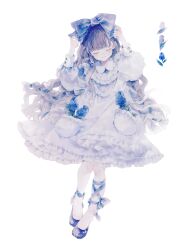 Rule 34 | 1girl, absurdres, arms up, blue bow, blue flower, blue ribbon, blue theme, blue tulip, bow, braid, closed eyes, closed mouth, commentary, dress, facing viewer, flats, flower, flower in pocket, frilled dress, frills, full body, grey hair, hair bow, highres, leg ribbon, long hair, original, pocket, ribbon, signature, simple background, socks, solo, standing, symbol-only commentary, tulip, twin braids, utaha uta, white background, white dress, white flower, white socks, white tulip