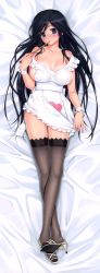 Rule 34 | 1girl, apron, black hair, black thighhighs, blue eyes, blush, breasts, chopsticks, classy cranberry&#039;s, dakimakura (medium), full body, happoubi jin, high heels, highres, huge breasts, long hair, looking at viewer, lying, naked apron, oze kyouka, shiny skin, shoes, solo, thighhighs