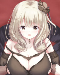 Rule 34 | 1girl, azur lane, bare shoulders, black dress, blonde hair, breasts, breasts squeezed together, brown hat, cleavage, collarbone, commentary request, detached sleeves, dress, drill hair, drill sidelocks, grey eyes, hat, highres, huge breasts, jewelry, kisuish, large breasts, light blush, long hair, looking at viewer, luetzow (azur lane), luetzow (everlasting blood banquet) (azur lane), mini hat, necklace, official alternate costume, open mouth, red background, sidelocks, simple background, solo, upper body