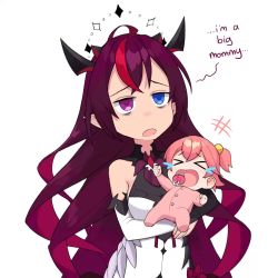 Rule 34 | &gt; &lt;, +++, 2girls, animated, baby, bags under eyes, bare shoulders, blue eyes, crying, dasdokter, english text, heterochromia, highres, holding person, hololive, hololive english, horns, irys (hololive), long hair, looping animation, multicolored hair, multiple girls, open mouth, pacifier, pink hair, pointy ears, purple eyes, purple hair, red hair, sakura miko, sleepy, streaked hair, upper body, very long hair, video, virtual youtuber, white background, aged down