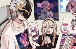 Rule 34 | 1boy, 1girl, aponia (honkai impact), apron, artist request, black hairband, black sweater, blonde hair, character print, closed eyes, collarbone, cup, dakimakura (object), figure, hair between eyes, hairband, honkai (series), honkai impact 3rd, indoors, kalpas (honkai impact), keyboard (computer), long hair, mask, mug, open mouth, orange apron, own hands clasped, own hands together, pillow, poster (object), shirt, sitting, sweater, t-shirt, table, turtleneck, turtleneck sweater, white hair, white shirt, yae sakura