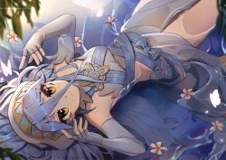 Rule 34 | 1girl, absurdres, afloat, asymmetrical legwear, azura (fire emblem), blue hair, blue ribbon, blurry, bug, butterfly, cappu, closed mouth, commentary, depth of field, dress, elbow gloves, fingerless gloves, fire emblem, fire emblem fates, flower, gloves, glowing butterfly, hair between eyes, highres, bug, long hair, looking at viewer, lying, nintendo, on back, ribbon, ripples, solo, uneven legwear, veil, white dress, yellow eyes