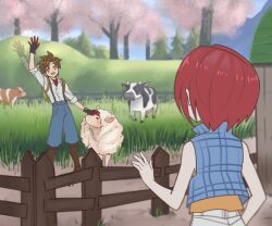 Rule 34 | 1boy, 1girl, animal, backpack, bag, bare shoulders, blue pants, bokujou monogatari, bokujou monogatari: wonderful life, boots, brown footwear, brown hair, buttons, commentary, cow, dysah, english commentary, from behind, gloves, grass, green bag, mark (bokujou monogatari), nami (bokujou monogatari), open mouth, pants, red hair, sheep, shirt, shorts, sleeveless, sleeves rolled up, smile, teeth, tree, upper teeth only, white shirt, white shorts