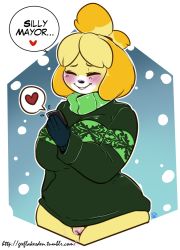 Rule 34 | 1girl, animal crossing, animal ears, artist name, blonde hair, blue background, blue gloves, blush, bottomless, breasts, cellphone, cowboy shot, cropped legs, dog ears, dog girl, english text, closed eyes, female focus, furry, furry female, geeflakes, gloves, green sweater, hair tie, hand up, heart, holding, holding phone, isabelle (animal crossing), large breasts, nintendo, outline, parted lips, phone, pussy, short hair, simple background, smile, snowing, solo, speech bubble, spoken heart, standing, sweater, talking, thick thighs, thighs, topknot, tumblr username, turtleneck, turtleneck sweater, uncensored, watermark, web address, white outline
