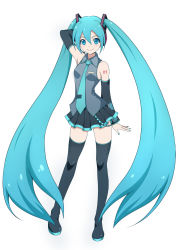 Rule 34 | 1girl, aqua eyes, aqua hair, arm up, bad id, bad pixiv id, boots, detached sleeves, female focus, full body, hatsune miku, headset, highres, kairan-momochi, long hair, looking at viewer, nail polish, necktie, simple background, skirt, smile, solo, thigh boots, thighhighs, twintails, umigraphics, very long hair, vocaloid, white background