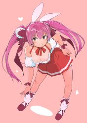 Rule 34 | 1girl, animal ears, bare shoulders, blush, bow, breasts, brown eyes, choker, cleavage, di gi charat, dice, dice hair ornament, downblouse, dress, hair bow, hair ornament, heart, highres, kinomoto (nazonoinu), large breasts, leaning forward, long hair, looking at viewer, medium breasts, pink hair, rabbit ears, red eyes, ribbon, smile, solo, standing, tan, tanline, twintails, usada hikaru