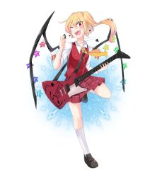 Rule 34 | 1girl, ascot, blonde hair, bow, crystal, electric guitar, flandre scarlet, full body, gibson explorer, guitar, hatoaster, instrument, looking at viewer, one eye closed, open mouth, short sleeves, side ponytail, solo, touhou, transparent background