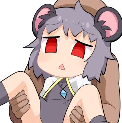 Rule 34 | 1boy, 1girl, animal ears, capelet, commentary request, cookie (touhou), crystal, dress, grey dress, hospital king, jewelry, kofji (cookie), looking down, medium bangs, mouse ears, mouse tail, nazrin, open mouth, pendant, short hair, simple background, solo focus, tail, touhou, white background, white capelet