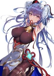 Rule 34 | 1girl, absurdres, ahoge, armpits, arms up, bare shoulders, bell, black bodysuit, blue hair, bodice, bodystocking, bodysuit, breasts, brown bodysuit, chinese knot, detached sleeves, flower knot, ganyu (genshin impact), genshin impact, gold trim, highres, horns, long hair, looking at viewer, mouth hold, neck bell, purple eyes, ribbon, ribbon in mouth, sas (ls08b), solo, vision (genshin impact), white sleeves