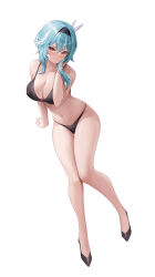 Rule 34 | 1girl, :t, absurdres, alternate costume, aqua hair, arm support, asymmetrical hair, bad id, bad twitter id, bare arms, bare legs, bare shoulders, bikini, black bikini, black footwear, black hairband, breasts, brown eyes, covered erect nipples, eula (genshin impact), frown, full body, genshin impact, hair between eyes, hair ornament, hairband, halterneck, hand on own face, highres, ingurei397, knees together feet apart, large breasts, leaning to the side, legs, looking at viewer, medium hair, navel, pout, sidelocks, simple background, skindentation, solo, stomach, string bikini, swimsuit, tachi-e, thighs, v-shaped eyebrows, white background