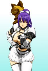 Rule 34 | 1girl, ^ ^, akimaru, belt, black eyes, breasts, capcom, carrying, cat, choker, cleavage, closed eyes, crop top, elbow gloves, felyne, gloves, grin, hair ribbon, hand on own hip, harvest (armor), highres, large breasts, leaning forward, lipstick, long hair, makeup, midriff, mole, mole under eye, monster hunter, monster hunter (series), monster hunter frontier, naughty face, navel, no bra, one eye closed, open clothes, open shirt, outstretched hand, parted bangs, pleated skirt, pointing, ponytail, purple hair, revision, ribbon, shirt, shoulder carry, simple background, skirt, smile, standing, thigh gap, thighhighs, whiskers, white thighhighs, wink, zettai ryouiki
