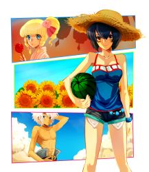 Rule 34 | 1boy, 2girls, bare shoulders, belt, black hair, blonde hair, blue eyes, braid, breasts, brown eyes, chloe valens, cleavage, flower, hat, highres, japanese clothes, kimono, long hair, multiple girls, open mouth, senel coolidge, shirley fennes, short hair, short shorts, shorts, side ponytail, smile, tales of (series), tales of legendia, tattoo, topless, white hair