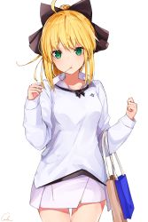 Rule 34 | 1girl, :t, absurdres, ahoge, artist name, artoria pendragon (all), artoria pendragon (fate), bag, black bow, black cola, blonde hair, bow, carnival phantasm, closed mouth, collarbone, commentary request, cowboy shot, fate/grand order, fate/stay night, fate/unlimited codes, fate (series), food, green eyes, hair between eyes, hair bow, high ponytail, highres, long hair, looking at viewer, mouth hold, pleated skirt, ponytail, saber lily, shirt, shopping bag, signature, simple background, skirt, solo, thigh gap, white background, white shirt, white skirt