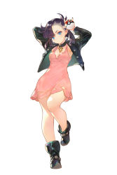 Rule 34 | 1girl, aqua eyes, arm behind head, asymmetrical bangs, asymmetrical hair, black footwear, black hair, black jacket, black nails, blush, boots, breasts, choker, cleavage, commentary request, creatures (company), dress, full body, game freak, hair ribbon, highres, holding, holding poke ball, jacket, long sleeves, looking at viewer, marnie (pokemon), nail polish, nintendo, open clothes, orry, pink dress, poke ball, poke ball (basic), pokemon, pokemon swsh, red ribbon, ribbon, simple background, small breasts, solo, twintails, white background