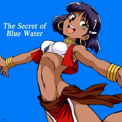 Rule 34 | 1girl, :d, absurdres, armpits, azuki osamitsu, bandeau, blue bow, blue gemstone, bob cut, bow, bracelet, breasts, commentary, copyright name, cropped vest, dark-skinned female, dark skin, dynamic pose, earrings, english commentary, english text, foot up, fushigi no umi no nadia, gem, gold bracelet, gold earrings, green eyes, groin, hair ornament, hairclip, highres, hoop earrings, jewelry, looking at viewer, looking to the side, midriff, mixed-language commentary, nadia la arwall, navel, neck ring, necklace, open clothes, open mouth, open vest, outstretched arms, pelvic curtain, pendant, purple hair, red vest, round teeth, short hair, simple background, small breasts, smile, solo, spread arms, strapless, stretching, teeth, toned, tube top, upper body, upper teeth only, vest, white bandeau