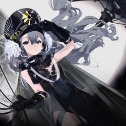 Rule 34 | 1girl, belt, black belt, black cape, black eyes, black gloves, black hat, black leotard, breasts, cable, cape, closed mouth, dress, floating hair, gloves, grey hair, hair between eyes, hair ornament, hand on headwear, hat, highres, holding, holding cable, leotard, long hair, looking at viewer, mist sequence, mneme (mist sequence), peaked cap, small breasts, solo, utility belt, very long hair, yukuso (dabiandang)