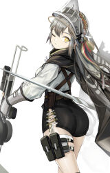 Rule 34 | 1girl, ;(, absurdres, arknights, ass, black skirt, breasts, commentary, cowboy shot, fartooth (arknights), from behind, grey hair, grey skirt, headgear, highres, holding, holding weapon, large breasts, long hair, looking at viewer, nopetroto, one eye closed, pencil skirt, pouch, shirt, skirt, solo, standing, symbol-only commentary, thigh strap, thighs, vambraces, weapon, white shirt, yellow eyes