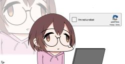 Rule 34 | 1girl, brown hair, chibi, computer, english text, face of the people who sank all their money into the fx (meme), glasses, highres, hololive, hood, hoodie, laptop, meme, roboco-san, roboco-san (hoodie), self-upload, short hair, signature, solo, teardrop-framed glasses, tedomi kiro, virtual youtuber, white background