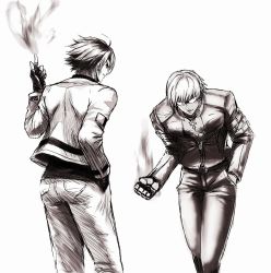 Rule 34 | 2boys, anagumasan, cross, cross necklace, finger gun, fire, hand in pocket, highres, hunched over, jacket, jewelry, k&#039; (kof), kusanagi kyou, male focus, multiple boys, necklace, pyrokinesis, short hair, snk, sunglasses, the king of fighters, white hair