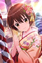 Rule 34 | 1girl, alternative girls, brown hair, closed mouth, flat chest, floral print, flower, hair flower, hair ornament, highres, japanese clothes, kimono, looking at viewer, official art, outdoors, own hands together, palms together, short hair, smile, solo, sunlight, tachibana naomi, tree
