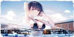 Rule 34 | 1girl, arm behind head, arm up, atha (leejuiping), bare arms, bare shoulders, bikini, black bikini, black hair, blue eyes, blush, breasts, collarbone, commentary request, day, hand up, highres, kiritani haruka, looking at viewer, medium breasts, outdoors, parted lips, partially submerged, partially underwater shot, project sekai, short hair, solo, sun, swimsuit, underwater, water
