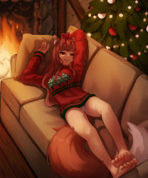Rule 34 | 1girl, animal ear fluff, animal ears, arm up, barefoot, breasts, brown hair, christmas tree, closed mouth, commission, couch, feet, fire, fireplace, hair ribbon, highres, holo, indoors, long hair, long sleeves, looking at viewer, lying, medium breasts, no pants, on back, on couch, panties, red eyes, red ribbon, red sweater, ribbon, seraziel, smile, soles, solo, spice and wolf, sweater, tail, toenails, toes, tsurime, underwear, white panties, wolf ears, wolf girl, wolf tail
