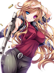 Rule 34 | 1girl, blue eyes, breasts, brown hair, desert eagle, gun, handgun, heterochromia, highres, jacket, long hair, looking at viewer, medium breasts, monety, mouth hold, navel, open clothes, open jacket, original, pants, pistol, pointing, pointing at viewer, purple eyes, shell casing, weapon