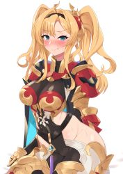 1girl, absurdres, bangs, black bodysuit, blonde hair, blue eyes, blush, bodysuit, breasts, granblue fantasy, hair intakes, hairband, highres, hip vent, large breasts, long hair, looking at viewer, pm tii (matuko1024), red armor, simple background, smile, twintails, zeta (granblue fantasy)