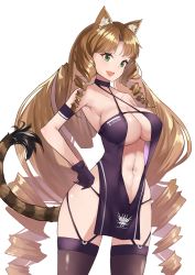 Rule 34 | 1girl, :d, animal ear fluff, animal ears, arknights, armband, azur lane, bad id, bad twitter id, bare arms, bare shoulders, black choker, black gloves, black one-piece swimsuit, black thighhighs, breasts, brown hair, choker, commentary request, cosplay request, cowboy shot, criss-cross halter, drill hair, drill sidelocks, gloves, great lungmen logo, green eyes, halterneck, hand on own hip, large breasts, long hair, looking at viewer, navel, no headwear, one-piece swimsuit, open mouth, shoukaku (azur lane), shoukaku (sororal wings) (azur lane), sidelocks, simple background, smile, solo, standing, stomach, swimsuit, swire (arknights), tail, thighhighs, thighs, tiger ears, tiger tail, very long hair, white background, yuzuruka (bougainvillea), zuikaku (the wind&#039;s true name) (azur lane)