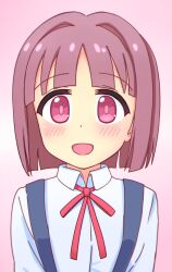 Rule 34 | 1girl, :d, aged down, blunt bangs, blunt ends, bob cut, brown hair, commentary, dot nose, gradient background, hair intakes, highres, hozuki momiji, light blush, looking at viewer, neck ribbon, onii-chan wa oshimai!, open mouth, pink background, portrait, red eyes, red ribbon, ribbon, shin (ustir7), shirt, short hair, simple background, smile, solo, suspenders, white shirt, wing collar