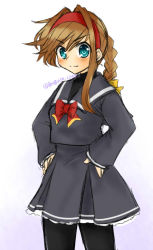 Rule 34 | 1girl, ahoge, alternate costume, black shirt, blouse, blue eyes, bow, bowtie, braid, breasts, brown hair, closed mouth, hairband, hekikuu (kanaderuyume), long hair, pantyhose, red bow, red bowtie, red hairband, ribbon, school uniform, shirt, smile, solo, virginia maxwell, white background, wild arms, wild arms 3