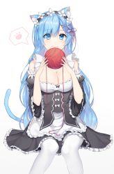 Rule 34 | 10s, 1girl, alternate hair length, alternate hairstyle, animal ears, blue eyes, blue hair, breasts, cat ears, cat tail, cleavage, closed mouth, danma (codnjs7916), detached sleeves, dress, frilled sleeves, frills, hair ornament, highres, holding, kemonomimi mode, large breasts, long hair, looking at viewer, maid, maid headdress, paw print, re:zero kara hajimeru isekai seikatsu, rem (re:zero), ribbon-trimmed clothes, ribbon trim, sitting, smile, solo, spoken paw print, tail, thighhighs, very long hair, white background, white thighhighs, wide sleeves, x hair ornament, yarn, yarn ball