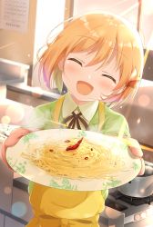 Rule 34 | 1girl, absurdres, akitsune kon, anima yell!, apron, blonde hair, blush, collared shirt, commission, facing viewer, food, hair between eyes, hair ornament, highres, holding, holding plate, mika miche, open mouth, oven mitts, pasta, pixiv commission, plate, pot, shirt, short hair, smile, solo, yellow apron