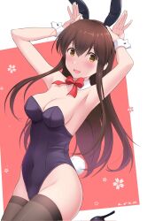 Rule 34 | 1girl, akagi (kancolle), animal ears, azuki-iro, black leotard, black thighhighs, blush, bow, bowtie, breasts, brown eyes, brown hair, covered navel, detached collar, fake animal ears, highleg, highleg leotard, highres, kantai collection, leotard, long hair, medium breasts, open mouth, playboy bunny, rabbit ears, rabbit tail, red background, red bow, red bowtie, smile, solo, strapless, strapless leotard, tail, thighhighs, white background, wrist cuffs