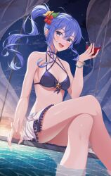 Rule 34 | 1girl, absurdres, alcohol, alternate breast size, bare shoulders, bead bracelet, beads, bikini, blue bikini, blue eyes, blue hair, blush, bracelet, breasts, cleavage, commentary request, crossed legs, cup, drinking glass, hair between eyes, hair ornament, highres, holding, holding cup, hololive, hoshimachi suisei, jewelry, leaf hair ornament, legs, long hair, looking at viewer, medium breasts, night, night sky, open mouth, side ponytail, sitting, skirt, sky, smile, solo, star (sky), star (symbol), star in eye, starry sky, swimsuit, symbol in eye, v, virtual youtuber, water, white skirt, wine, wine glass, yozora (1wkdgusdn)